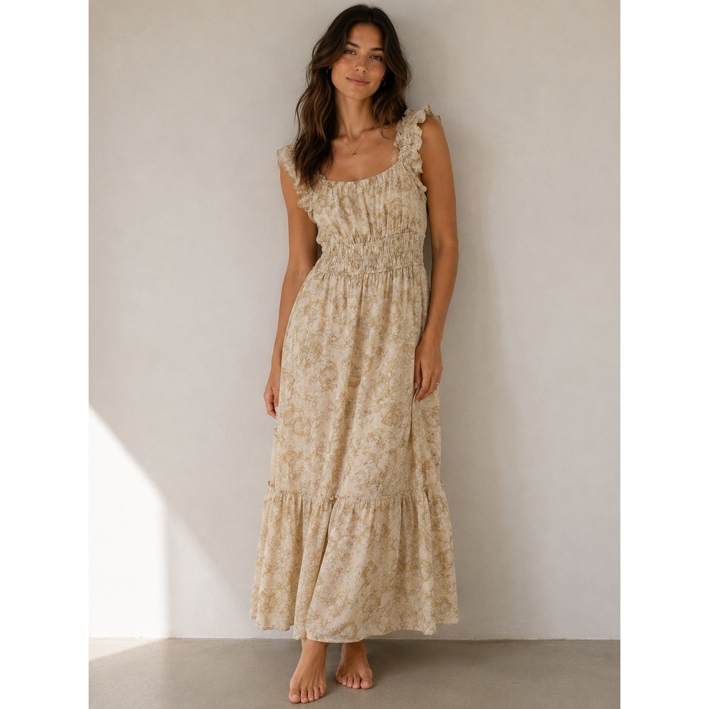 Melloday Tan Floral Smocked Waist Ruffle Strap Tiered Midi Dress S Cottagecore
